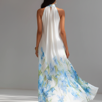 Women's Elegant White Printed Chiffon Halter-Neck Sleeveless Maxi Dress MDZ1415D5LXY