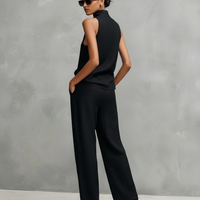 Women's Elegant Black Cotton And Linen Round-neck Sleeveless Top And Trousers Set MDZ1441A4AN
