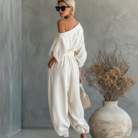 Women's Off-white Linen Off-shoulder Loose Casual Top And Tapered Pants Set MDA2770K8T