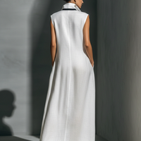 Women's White Linen Fabric Sleeveless Maxi Dress With Black Contrast Trim MDZ1973A8T