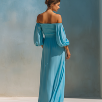 Women’s Sky Blue Off-the-Shoulder Puff Sleeve Smocked Waist High Slit Maxi Dress With Pockets MDZ2191D7T