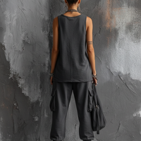 Women's Casual Style Dark Gray Cotton Blend Sleeveless Top + Jogger Cargo Pants Set MDZ2365D7GMJ