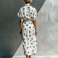 Women’s Off-White Linen-Blend Polka Dot Shirt Dress With Waist Cincher & Pockets MDZ2481D3T