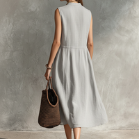 Women's Casual Grey Cotton-Linen Sleeveless Midi Dress With Round Neck MDZ2549D5LXY