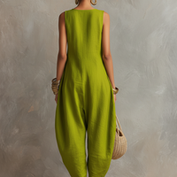 Women's Minimalist Loose-Fit Linen-Blend Sleeveless Jumpsuit With Asymmetrical Buttons MDZ2567D3Y