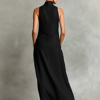 Women's Black Linen-Blend Maxi Dress With High Neck & Side Pockets, Timeless Minimalist Casual Dress MDZ2597D7LYL