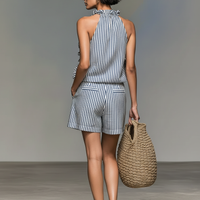 Women's Minimalist Striped Sleeveless Ruffled Blouse And Shorts Set MDZ2698B4Y