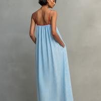 Women's Minimalist Striped Maxi Dress With Red Trim And Spaghetti Straps MDZ2710C3Y