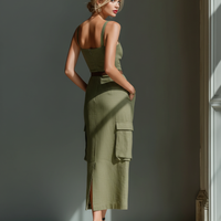 Women's Olive Green Linen Fabric Sleeveless Midi Dress With Cargo Pockets & Belted Waist MDZ2753A1T