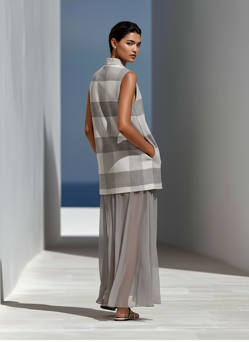 Women’s Grey Plaid Sleeveless Tunic Top & Sheer Chiffon Maxi Skirt Two-Piece Set MDZ2824D9T