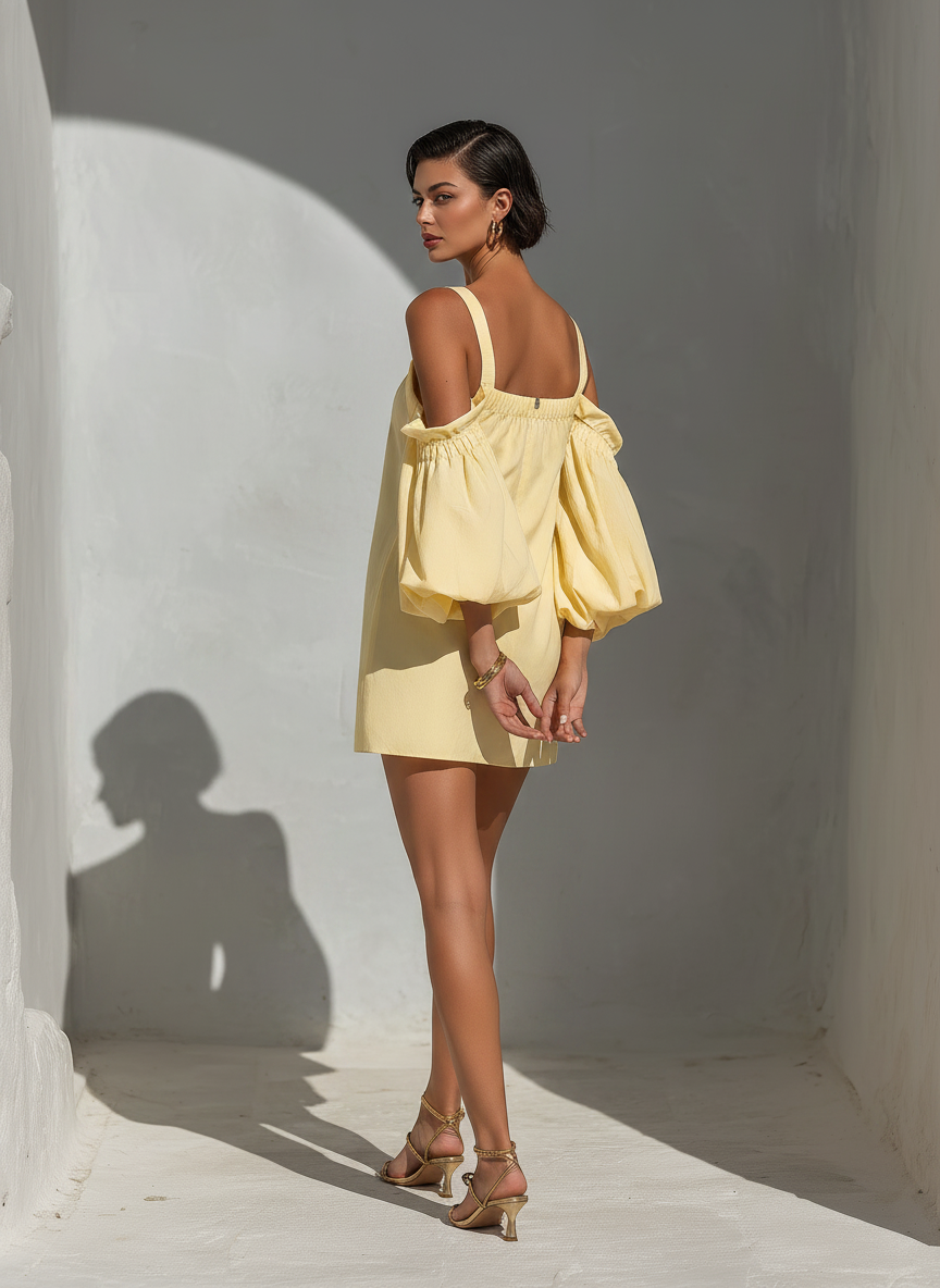 Women’s Yellow Cotton-Linen Blend Off-Shoulder Puff Sleeve Top With Square Neckline MDZ2847D1T