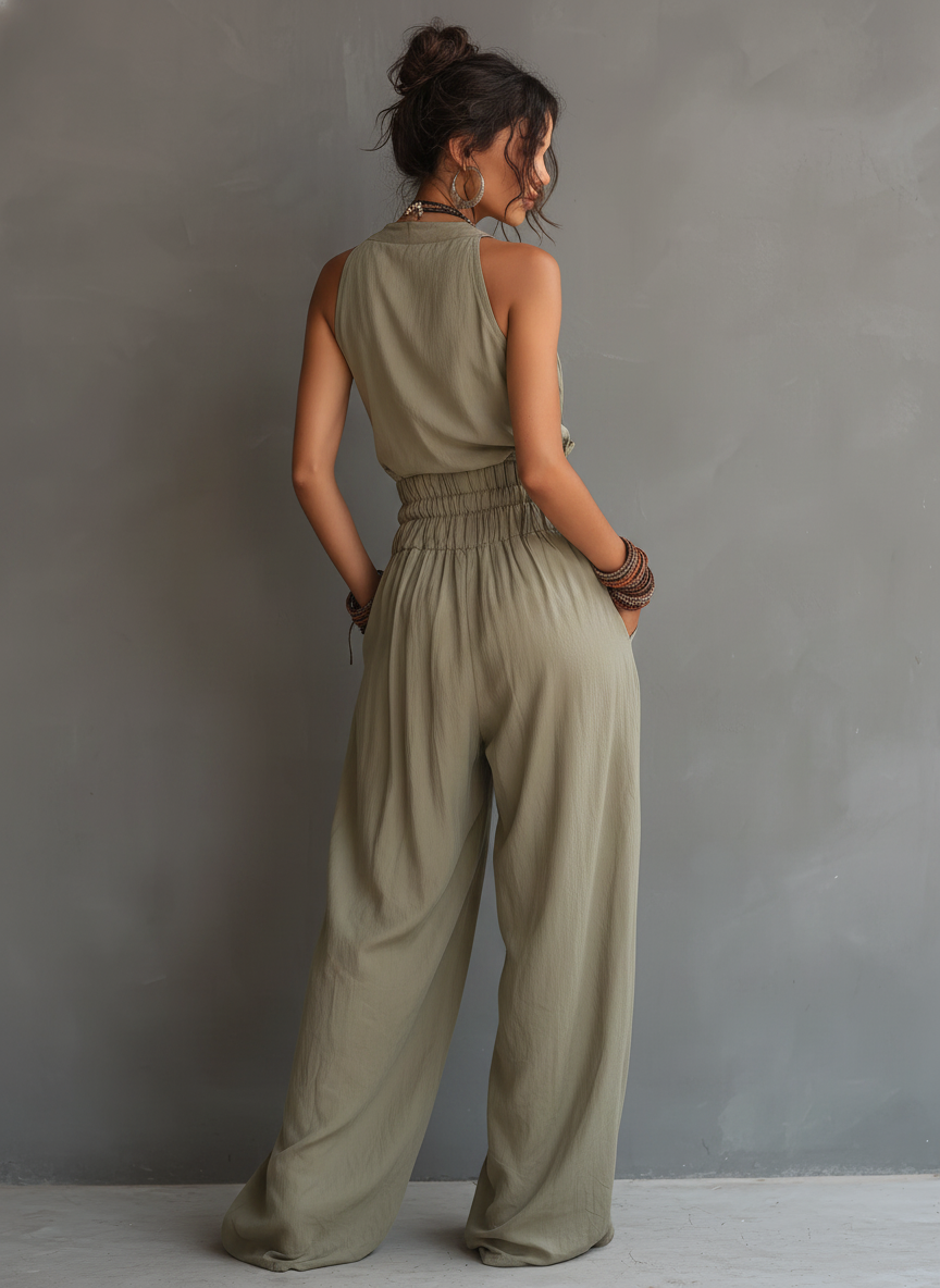 Women's Minimalist Halter-Neck V-Neck Sleeveless Waist-Cinching Jumpsuit MDZ2904D2Y