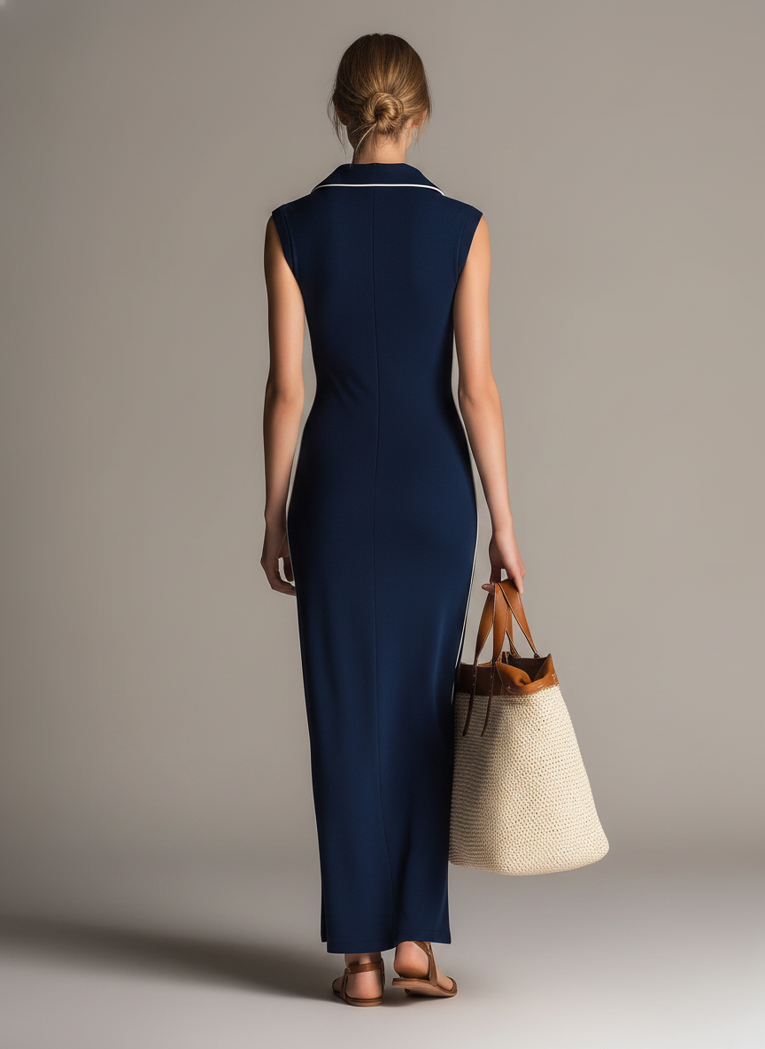 Women's Casual-Sporty Navy Blue Stretch-Knit Sleeveless Maxi Dress With Fold-Down Collar MDZ2937D7LXY