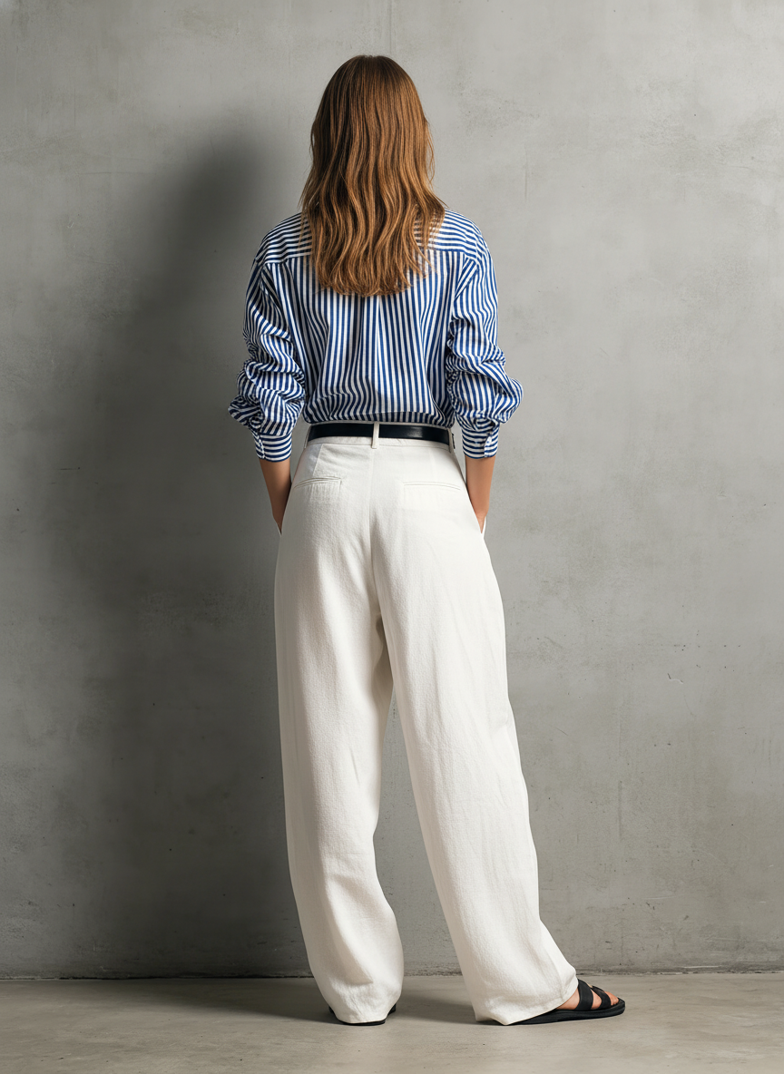 Women's Casual Blue And White Striped Woven Long-Sleeve Shirt And White Cotton-Linen Trousers Set (Belt Not Included) MDZ2960D7LXY