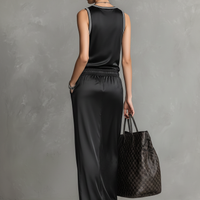 Women's Minimalist Satin Crew Neck Sleeveless Drawstring Maxi Dress MDZ2995D5Y