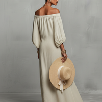 Women's Minimalist Off-the-shoulder Three-quarter Sleeve Embroidered Maxi Dress MDZ3063A3Y