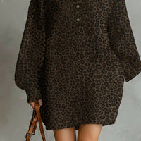 Women's Fashionable Brown Leopard Print Loose Open Neckline Long Sleeve Dress MDA1895L2AN