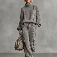 Women's Casual Cable Knit Turtleneck Sweater Cargo Pants Set MDA0958I2Y