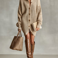 Women's Camel Elegant Button - Front Oversized Mini Cardigan Dress MDA1086J2I
