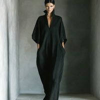 Women's Black Cotton Blend Fabric Oversized Kimono-Sleeve Maxi Dress With Pockets MDZ0577A3T