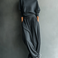 Women's Charcoal Knit Fabric Turtleneck Oversized Top & Wide-Leg Pants Set MDA2435L7T