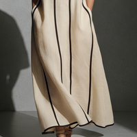 Women's Modern Linen Blend Beige Stand-Collar Half-Sleeve Contrast-Line Pocketed Maxi Dress  MDA2924L4AU