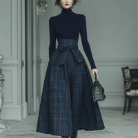 Women's Dark Blue High Elastic Knit And Plaid Wool Skirt Set MDA2592J7T