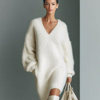 Women's White Elegant V - Neck Mini Sweater Dress MDA1331J0I
