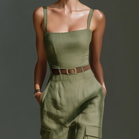 Women's Olive Green Linen Fabric Sleeveless Midi Dress With Cargo Pockets & Belted Waist MDZ2753A1T
