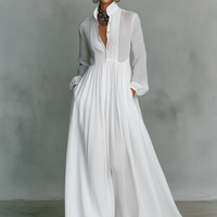 Women's Minimalist Cotton And Linen Patchwork Single-breasted Stand-up Collar Long-sleeved Maxi Dress MDA0658K6Y