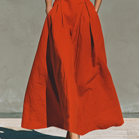 Women's Red Linen Maxi Dress With Halter Neck & Pleated Skirt, Timeless Elegant-Resort Style Dress MDZ2016C7I