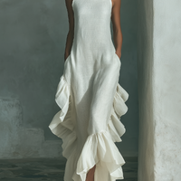 Women's Ivory Linen Fabric Sleeveless Maxi Dress With Round Neck & Ruffle Hem MDZ0973B9T