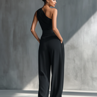 Women's Black Knitted One-Shoulder Ruched Top MDZ2477B1T