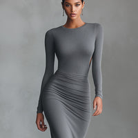 Women's Grey Elegant Stretch - Polyester-Cotton Blend Ruched Open - Back Maxi Dress MDA2860H8I