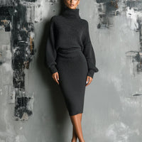 Women's Charcoal Chic Knit Turtleneck Oversized Knit Midi Dress MDA1624J6I