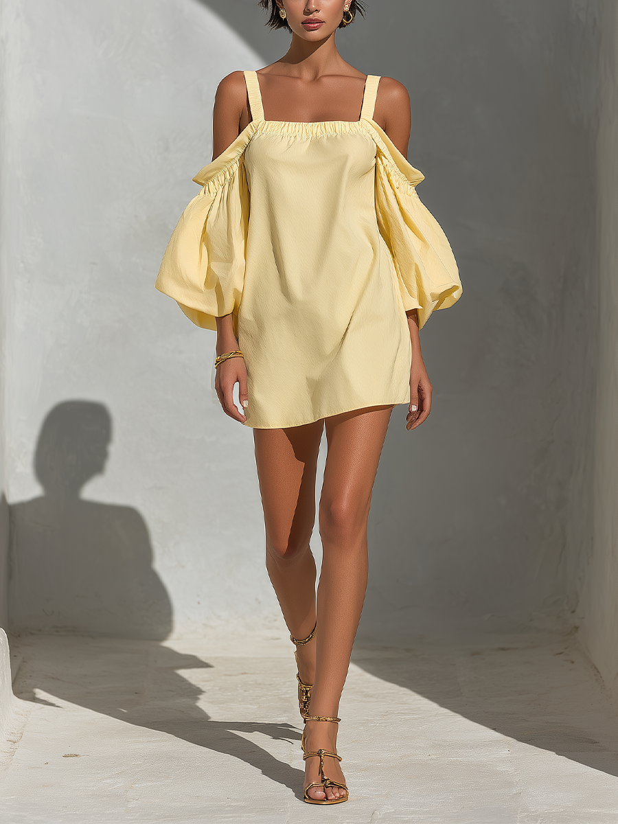 Women’s Yellow Cotton-Linen Blend Off-Shoulder Puff Sleeve Top With Square Neckline MDZ2847D1T
