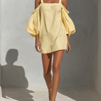 Women’s Yellow Cotton-Linen Blend Off-Shoulder Puff Sleeve Top With Square Neckline MDZ2847D1T