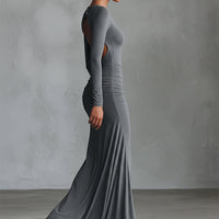Women's Grey Elegant Stretch - Polyester-Cotton Blend Ruched Open - Back Maxi Dress MDA2860H8I