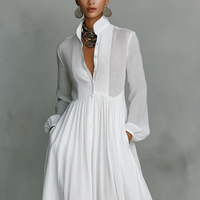 Women's Minimalist Cotton And Linen Patchwork Single-breasted Stand-up Collar Long-sleeved Maxi Dress MDA0658K6Y