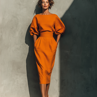 Women's Orange Mid-sleeve Top And Midi Skirt Set MDA2511G6T