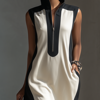 Women's Black & White Color-Block Mini Dress With Stand Collar & Half-Zip Detail MDZ1152B0T