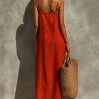 Women's Red Cotton Dress With Spaghetti Straps & Square Neck, Timeless Boho-Resort Style Dress MDZ0924C3I