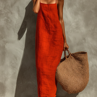 Women's Red Cotton Dress With Spaghetti Straps & Square Neck, Timeless Boho-Resort Style Dress MDZ0924C3I