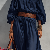 Women's Casual Dark Blue Cotton Linen Strapless Long-sleeved Dress (belt Not Included) MDZ1281C1AN