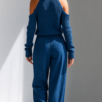 Women's Blue Elegant Ribbed Knit Cold - Shoulder Sweater And Wide - Leg Pants Set MDA1591I8I