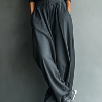 Women's Charcoal Knit Fabric Turtleneck Oversized Top & Wide-Leg Pants Set MDA2435L7T
