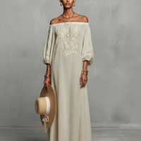 Women's Minimalist Off-the-shoulder Three-quarter Sleeve Embroidered Maxi Dress MDZ3063A3Y