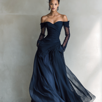 Women's Elegant Dark Blue Chiffon Organza Off-shoulder Long-sleeved Fitted Maxi Dress MDA1711L9AN