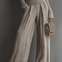 Women's Taupe Elegant Knit Textured Sweater & Wide - Leg Pants Set MDA1453H6I