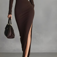 Women's Brown Stretch Fabric Chic Turtleneck Bodycon Slit Dress MDA1311K1I